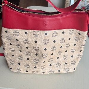 MCM Red and Cream Logo Shoulder Bag with straps and crossbody straps…